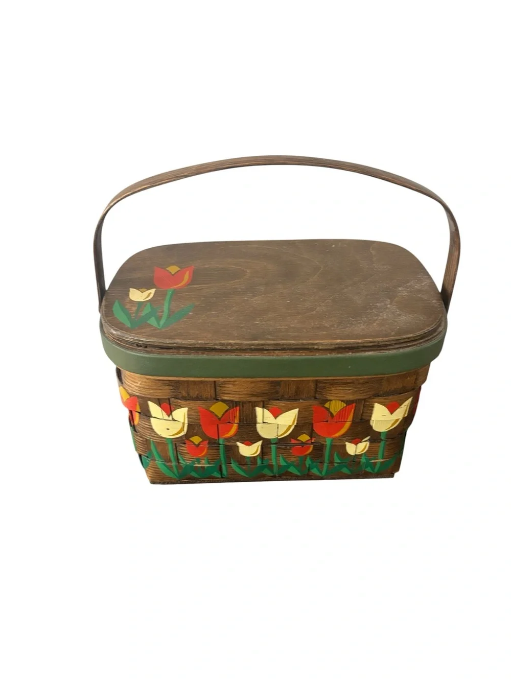 Caro Nan Wooden Picnic Basket Purse VTG Lined Hand Painted Signed Tulips
